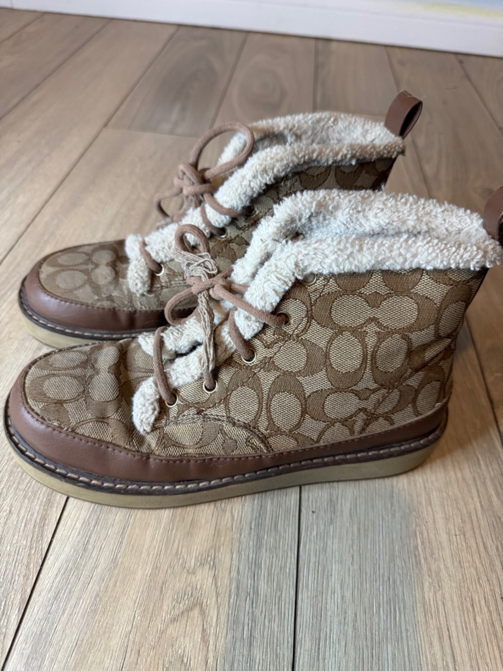 Coach Monogram Sherpa-Lined Lace-Up Boots - Brown/Cream